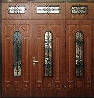 Металлическая дверь Входная группа для коттеджа с ковкой и стеклами Массив №173