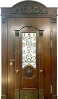 Металлическая дверь Одностворчатая дверь МДФ со стеклом и ковкой №485 для коттеджа